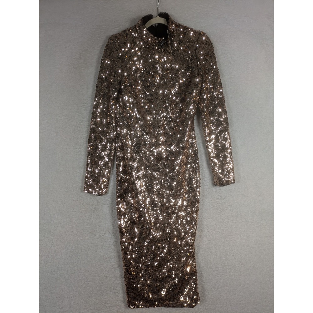 NEW TFNC London Sonali Dress Women's 8 Rose Gold Sequin High Neck Midi Dress